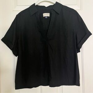 Universal Thread Women's Black Short Sleeve Linen Popover Relaxed-Fit Blouse  L